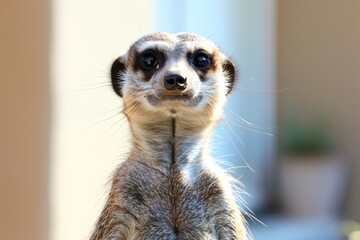 Quirky meerkat with curious expression, bright and charming animal portrait, detailed fur texture, soft and warm light, isolated background, endearing and cute desert animal.