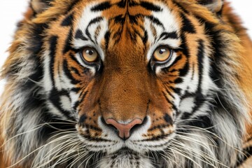 Fototapeta premium Majestic tiger with intense gaze, powerful and fierce expression, detailed fur texture, bright and clear light, isolated background, impressive and wild animal portrait.