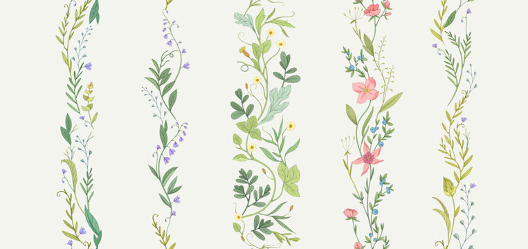 Retro colorful seamless vertical border with detailed various foliage, intricate details and delicate forms. Elegant botanical rustic design elements. Hand drawn vintage vector illustration