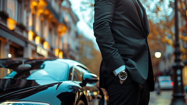 A stylishly dressed man stands confidently beside a luxury sports car in an upscale urban setting during twilight, conveying elegance and wealth.