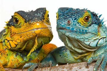 Fototapeta premium Striking close-up of two iguanas, vivid and detailed reptile portraits, sharp focus, colorful skin patterns, bright and clear light, isolated white background, fascinating exotic pets.