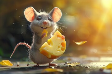 Cute cartoon mouse nibbles on a piece of swiss cheese amidst a glowing, autumnal garden setting