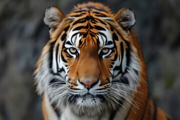 Fototapeta premium Fierce tiger with intense gaze, powerful and majestic predator portrait, detailed fur texture, bright and clear light, natural outdoor background, impressive and wild animal.