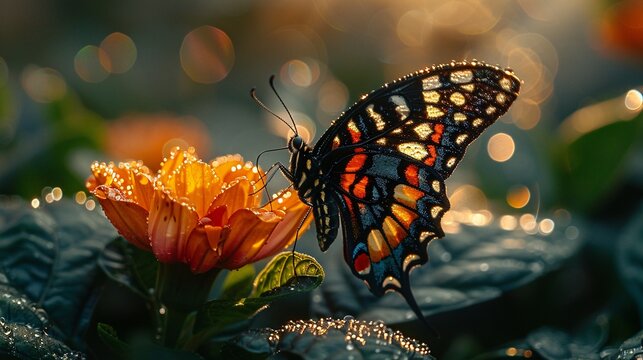 Sunset butterfly on a vibrant flower, light mist on leaves, showcasing tech-nature unity