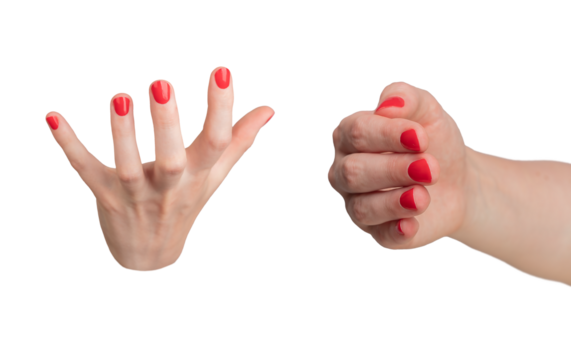 Women hand with red fingernails holding, catching something, gestures, isolated on white background.., transparent PNG - Powered by Adobe