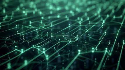 An abstract digital background in dark blue and green hues, blockchain architecture with interconnected nodes and data streams, , secure and advanced technology