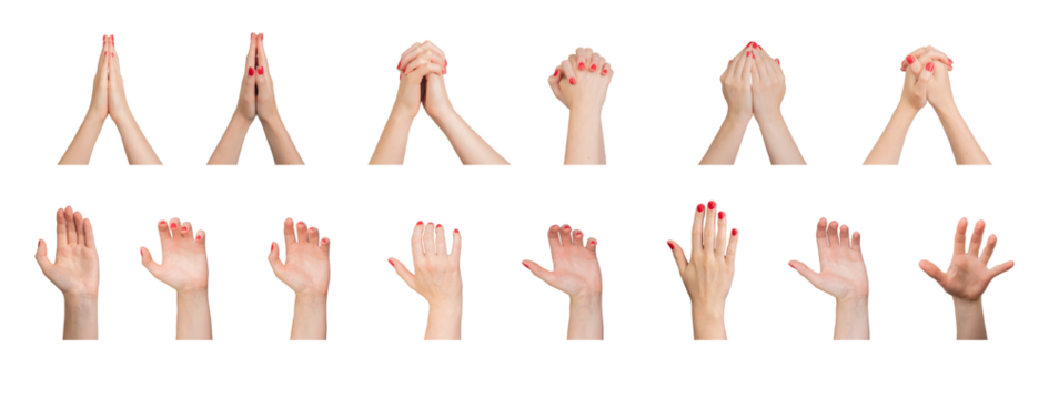 Intertwined entwined fingers and praying palms together, hands holding, grasping, grabbing gestures set, isolated on white background., transparent PNG