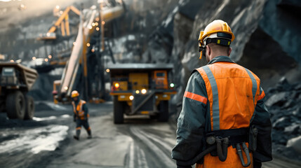 Industrial mining scene with workers wearing safety gear and large machinery operating in an open-pit mine during daylight.