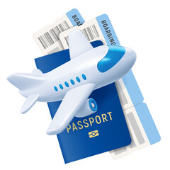 Passport with air tickets, cute 3d realistic plane flies around. Concept of travel, vacation or business trip. Vector illustration