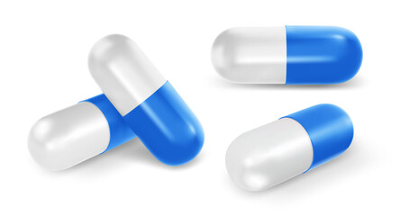 Blue white medical capsule pill. 3d realistic, pharmaceutical capsule, front and perspective view, isolated. Vector illustration