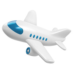 Flying plane icon. Cute, cartoon 3d realistic white airplane with blue portholes, perspective view. Vector illustration