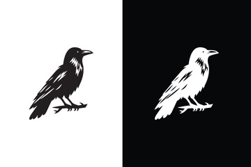 Crow icon silhouette. Raven silhouette Flat Icon vector illustration Black white background.