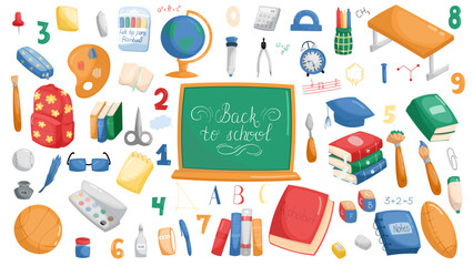 School vector elements collection. Childrens cute school elements vector flat collection. Pencil, books, bag, globe, stationery, textbooks and notebooks. White background