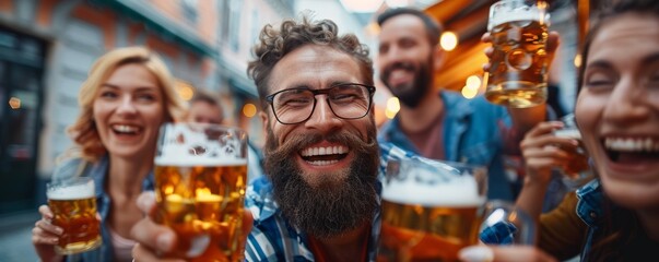 Friends laughing and clinking beer steins in celebration of Oktoberfest festival traditions.