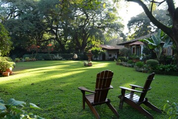Obraz premium Peaceful garden with a lush green lawn and cozy seating area, captured in natural light, showcasing the serene atmosphere and inviting setting.