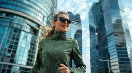 Fototapeta premium A woman enjoys jogging in an urban environment