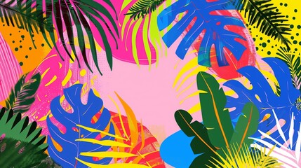 modern illustration of different color and shape exotic leaves overlapping, bright vivid colors