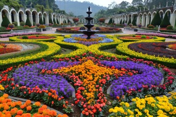 Historic garden with a variety of colorful flowers and symmetrical pathways, captured in soft daylight, showcasing the elegant design and lush greenery.