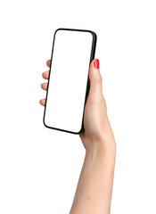 Hand holding mobile phone screen mockup, showing smartphone, cellphone mock up, isolated on white background.., transparent PNG