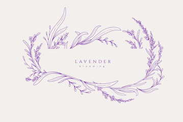 Background with lavender calligraphic design elements and graceful branches. Wedding wildflowers for invitation save the date card. Botanical feminine rustic vector illustration © merfin
