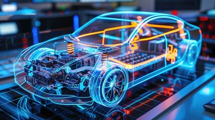 A holographic display of an electric vehicle's battery system, showcasing the internal structure and energy flow within its body. 