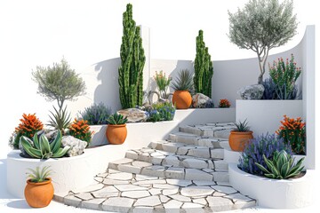 Fototapeta premium Beautiful Mediterranean-style garden with white stone steps and potted plants, captured in bright daylight, showcasing the vibrant greenery and serene atmosphere.