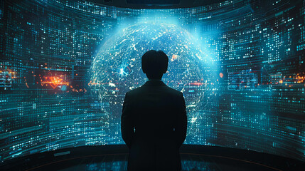 A man is sitting in front of a computer monitor with a black jacket on. The monitor displays a lot of information, including a few graphs and a few buttons. The man is focused on the screen