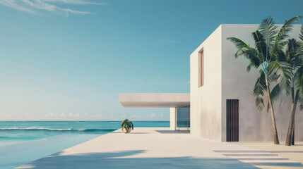 Fototapeta premium Unusual villa in minimalist style on the sea or ocean shore. Luxurious holiday home with views. Concept for design, relaxation.