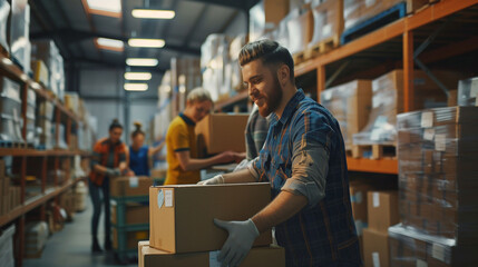 Employees packing products efficiently in a small warehouse during daytime operations