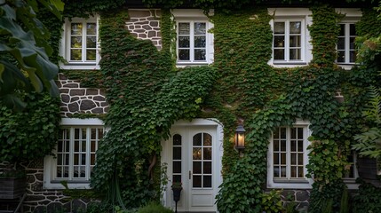 Small old traditional UK retro house facade door window wall entrance porch overgrown green ivy creeper plant and flower gardening design. Vintage cottage countryside, building in Europe summer.