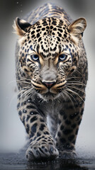 Obraz premium A striking close-up of a leopard with blue eyes walking towards the camera with a fierce and focused expression