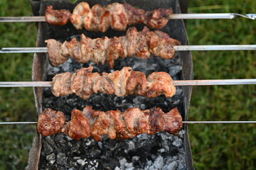texture of roasted meat, roast kebab with large alm, roast ruddy barbecue pork 