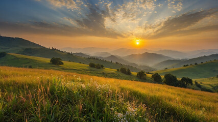 Serene sunrise over rolling hills with lush green fields and colorful wildflowers under cloudy sky.