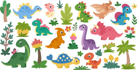 Childrens dinosaurs set. Collection of cute cartoon dinosaurs and prehistoric plants. White background, © Ирина Яшкирева