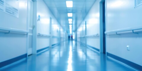 Fototapeta premium A long hallway with blue walls and a person walking down it. AI.
