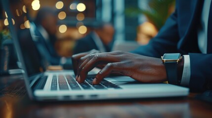 A close up of a person typing on their laptop computer. AI.