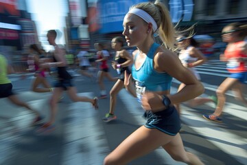 A group of women running in a race together on the street. AI.