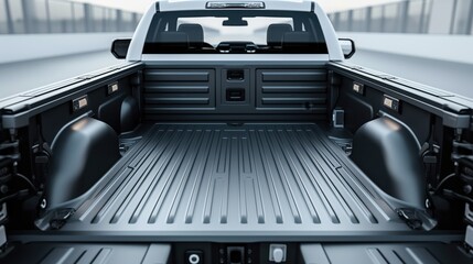 Interior of a clean, empty truck bed with side compartments and fixtures for securing cargo, in an industrial or parking area.
