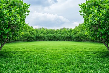 Obraz premium Expansive lawn with lush green grass and trees, captured in bright daylight, showcasing the open space and serene atmosphere.