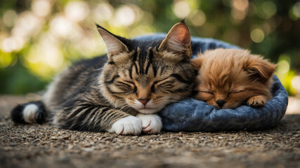 Adorable Kitten and Puppy Sleeping Together on a Cozy Bed Outdoors, Surrounded by Lush Greenery and Soft Light