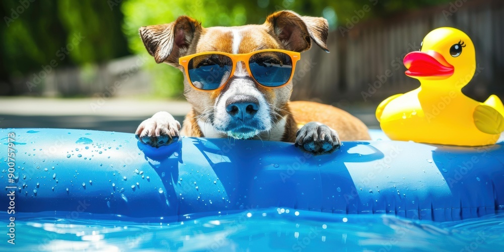 Poster Dog wearing sunglasses relaxing in a kiddie pool. AI.