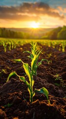 A lush cornfield at golden hour, with young seedlings emerging from rich soil, symbolizing growth and sustainability against a warm, glowing sky.






