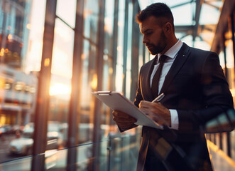 Businessman writing in a notebook in a modern place at sunset.