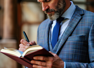 Older businessman writing in a notebook with a pen. Close up.