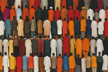 Diverse group of black people with their backs turned and wearing colourful clothes
