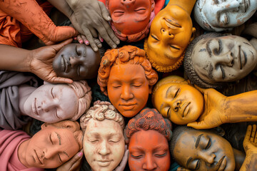 Faces painted in different colours together, symbolising diversity and inclusion.