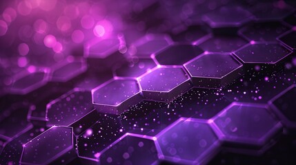  Futuristic purple hexagonal pattern with glowing effects. Studio still life photography. Modern and digital design. Design for posters, cards, invitations, banners. Place for text.