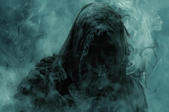 Creepy image of a hooded figure shrouded in swirling blue smoke, evoking eerie suspense