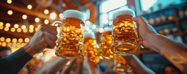 Group of people raising beer steins in a joyful toast under decorative lights.