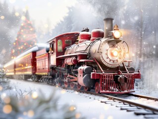 A red train with a Christmas tree on the side is traveling down a snowy track. The train is surrounded by a wintery landscape, with snow covering the ground and trees in the background